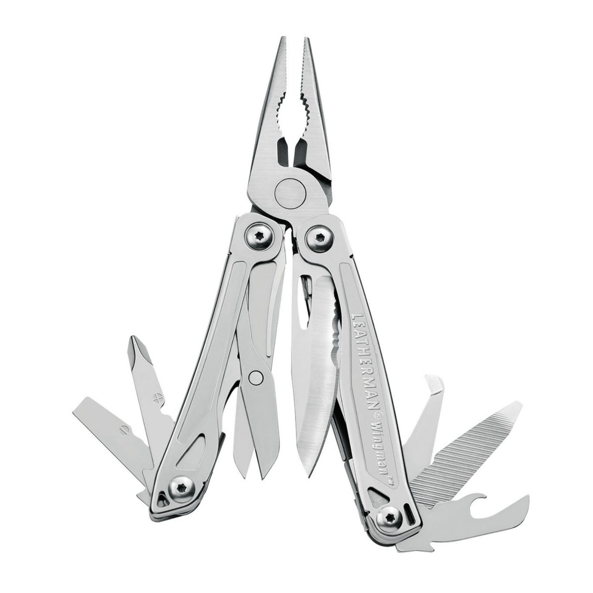 Leatherman Wingman multitool opened showing pliers, knife and tools