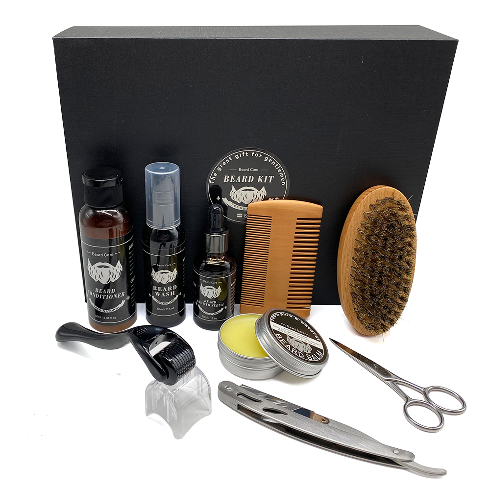 FULLLIGHT TECH beard grooming kit with oils, comb, brush and scissors in gift box