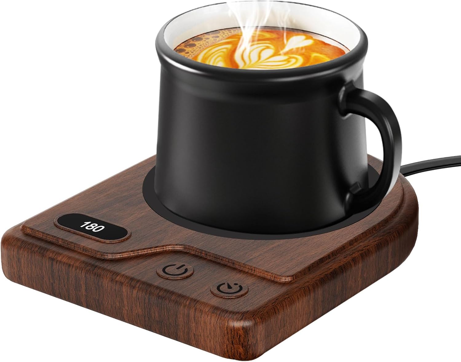 Kepwam coffee mug warmer with mug on wood-grain heated base