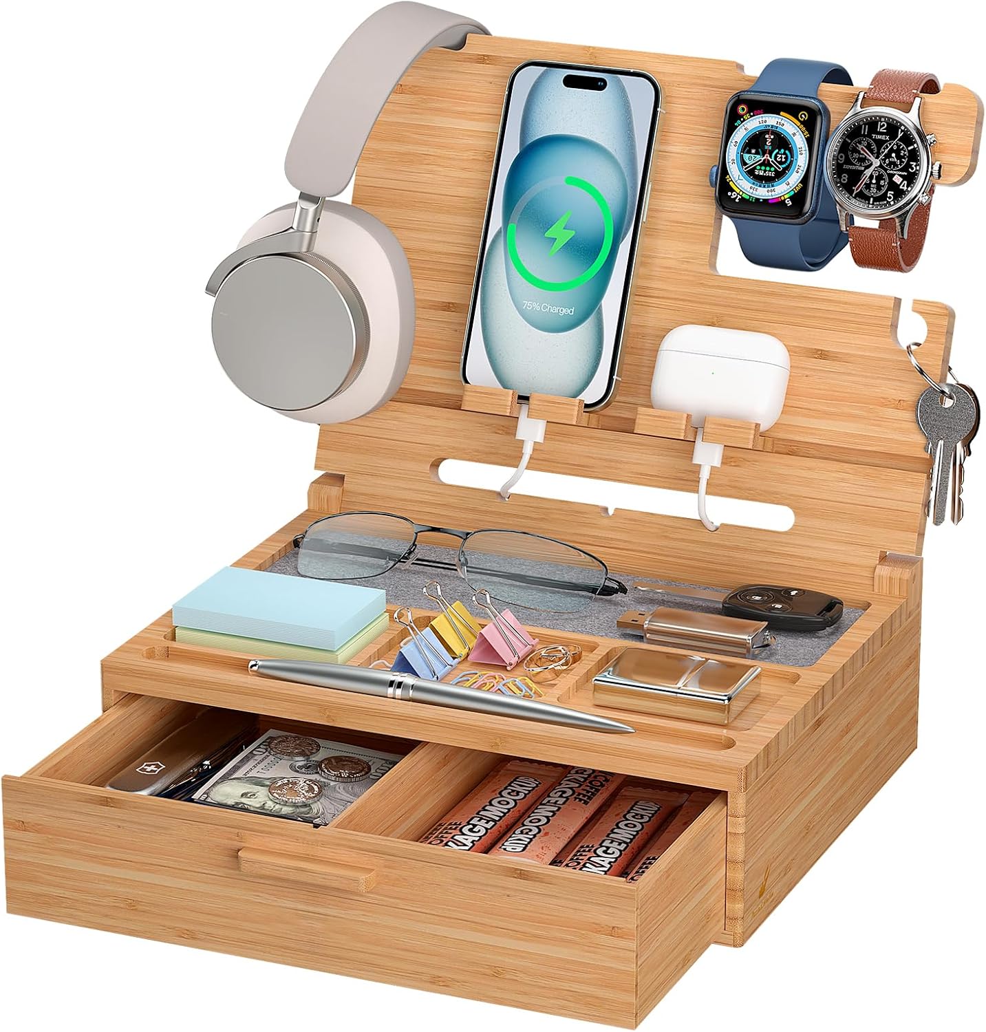 Sephyroth bamboo phone docking station organizer with drawer for phone watch keys