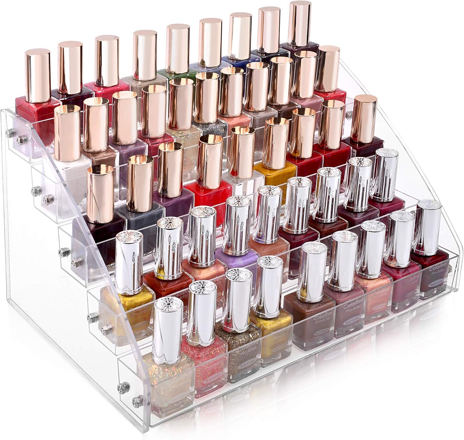 Clear tiered acrylic nail polish display organizer filled with bottles