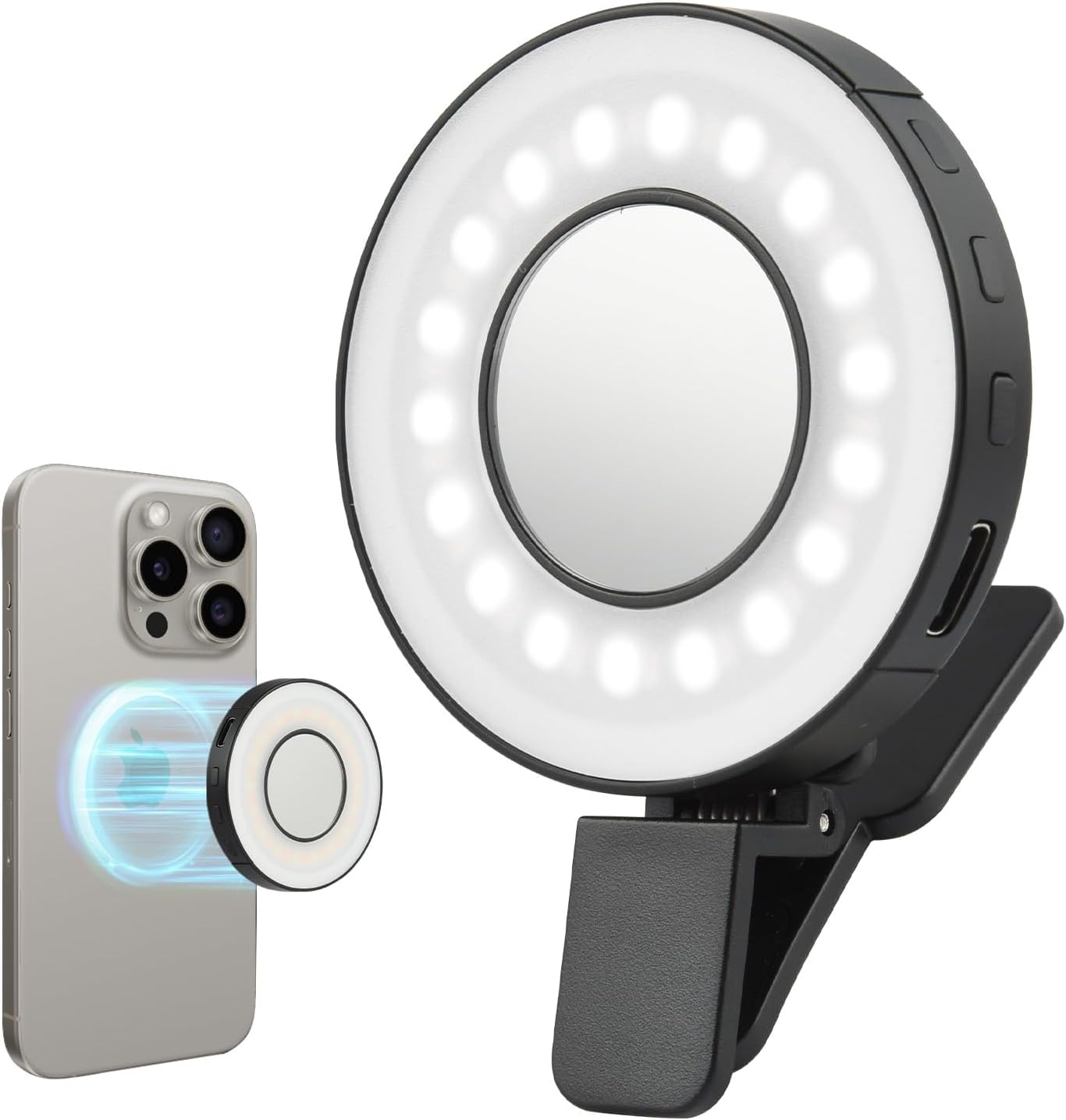 Clip-on LED selfie ring light attached to a smartphone