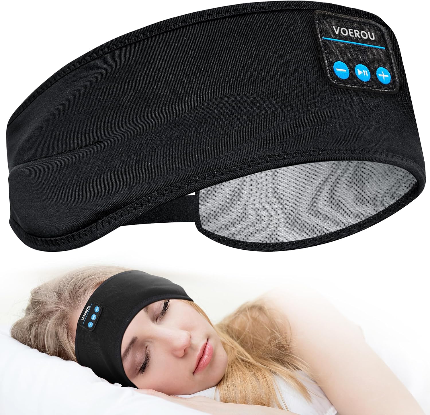 Black sleep mask with built-in bluetooth headphone controls