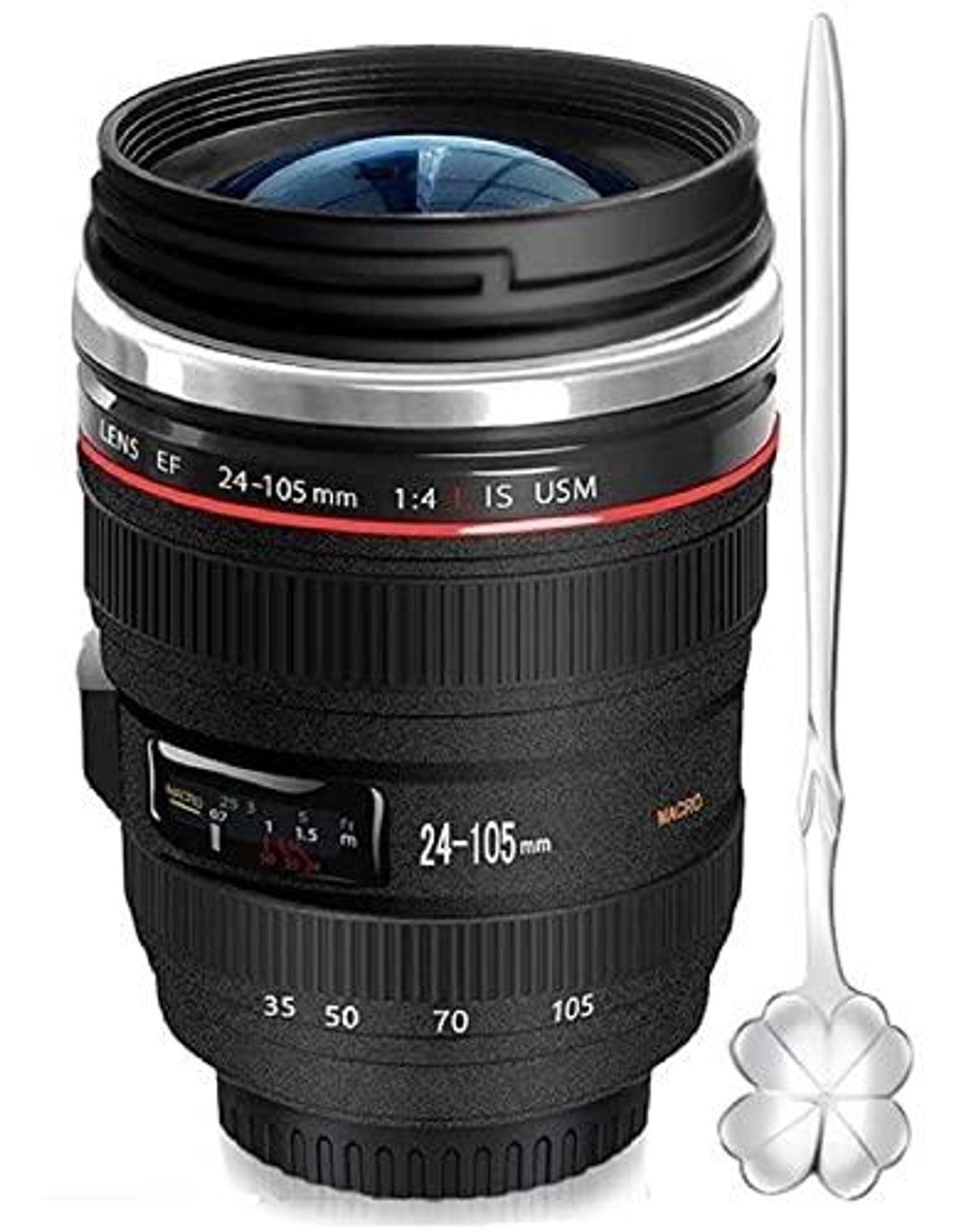 Coffee mug designed to look like a camera lens