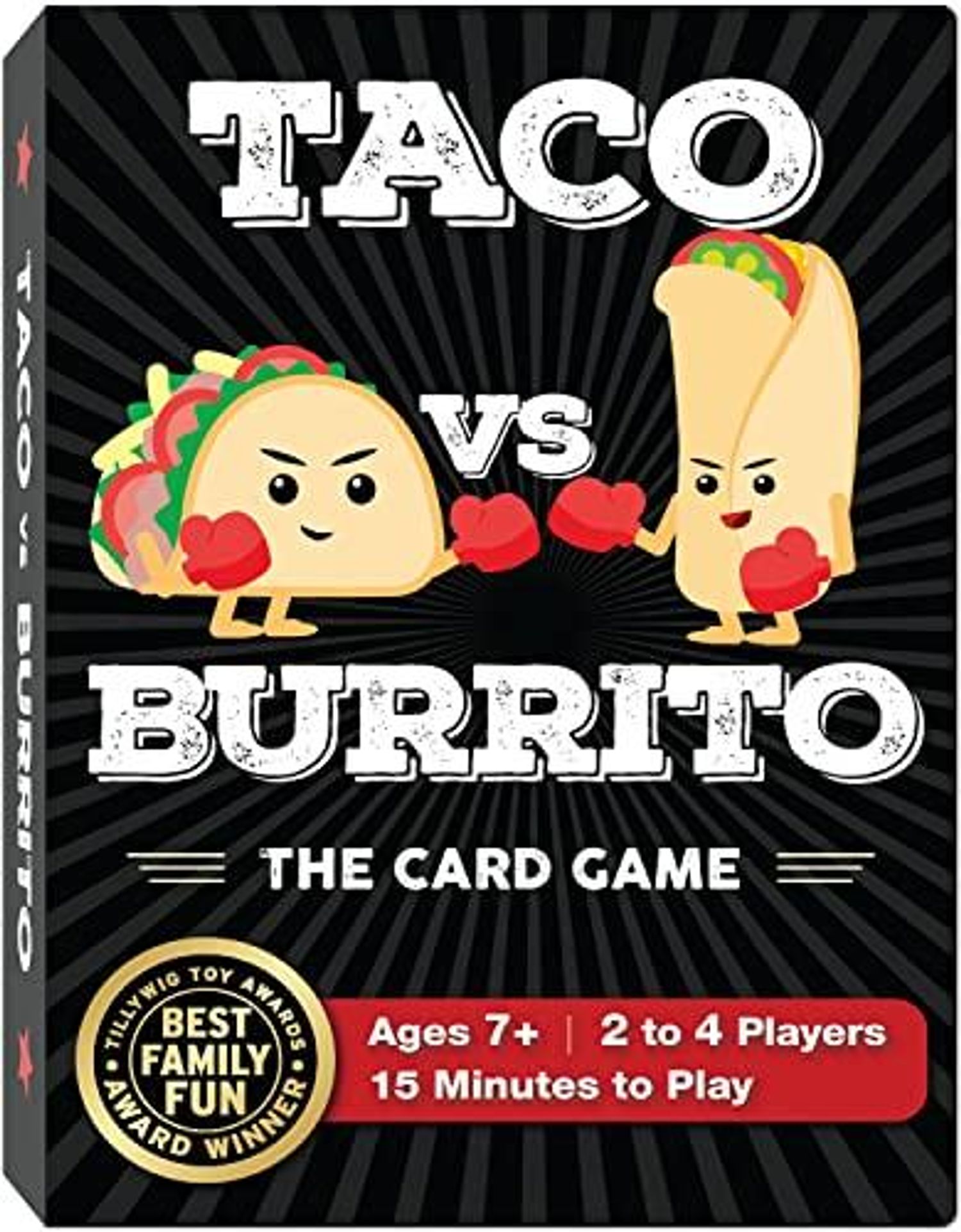 Taco vs Burrito card game box with cartoon food characters
