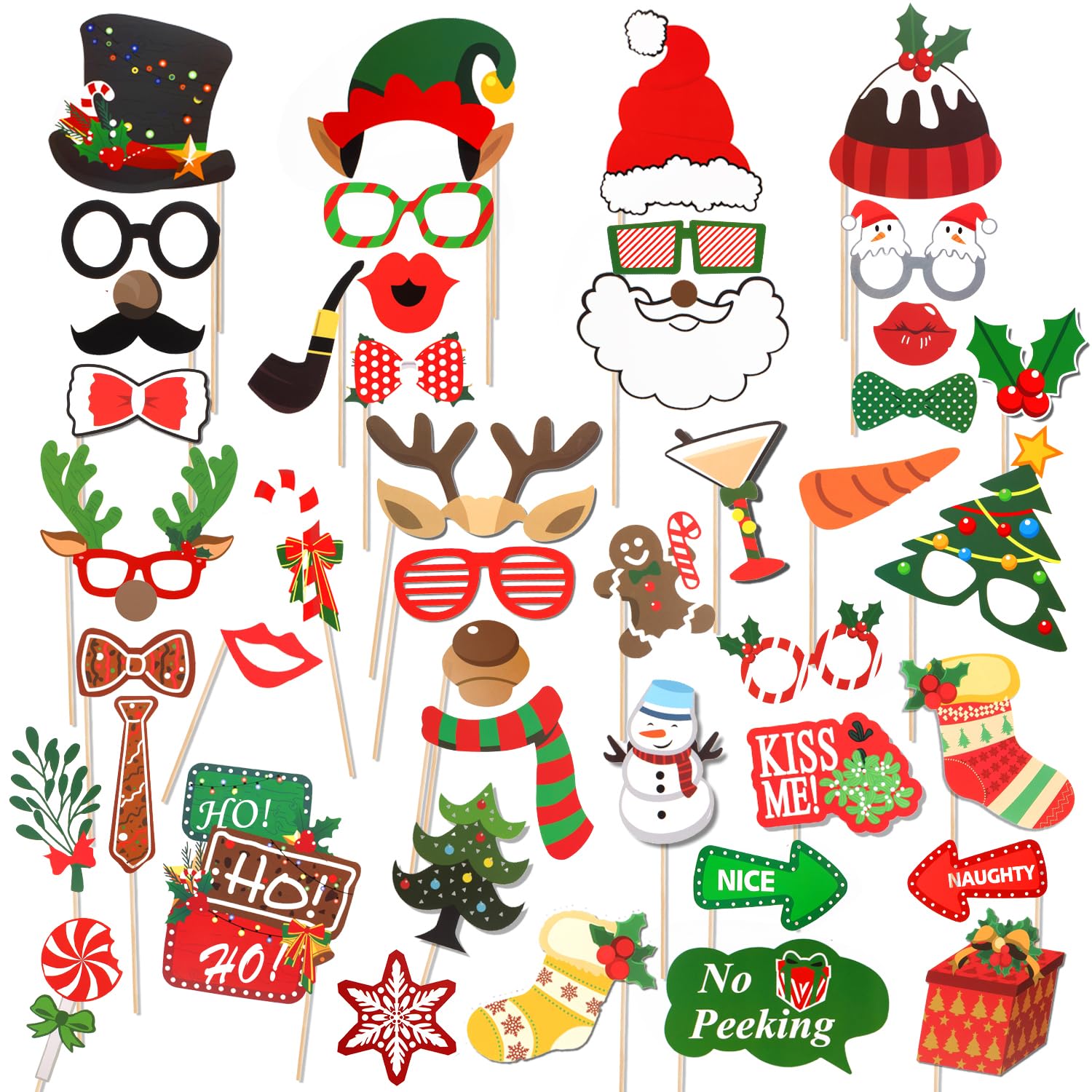 36 piece Christmas photo booth props on sticks Santa reindeer signs