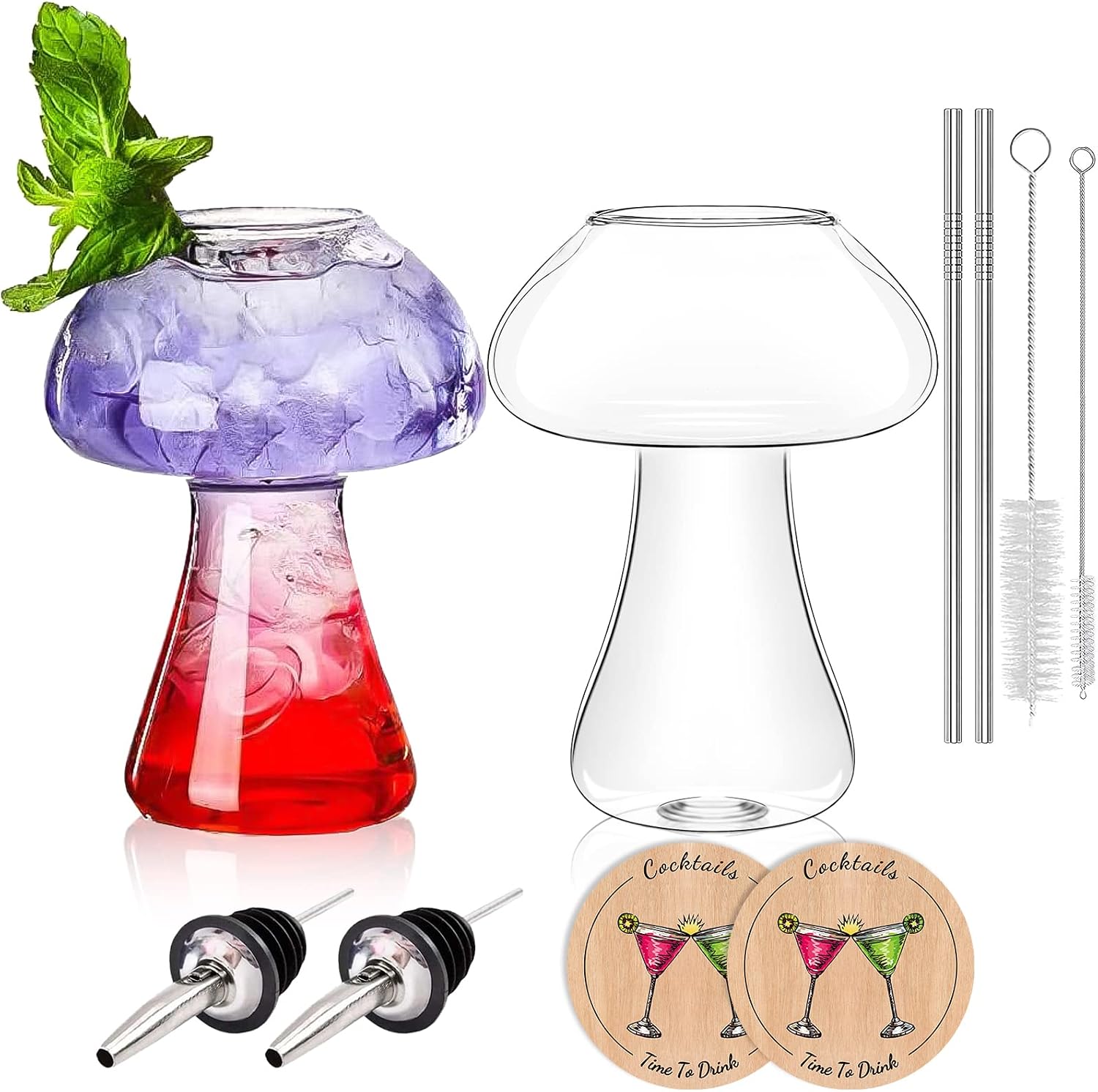 Mushroom-shaped clear cocktail glasses with straws and coasters