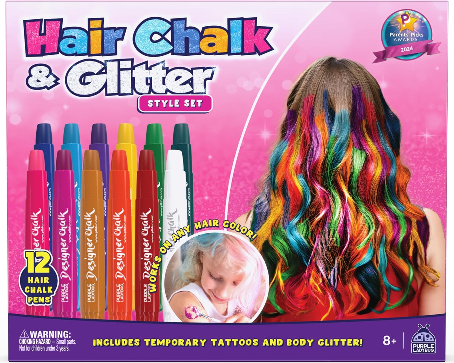 Purple Ladybug hair chalk and glitter style set