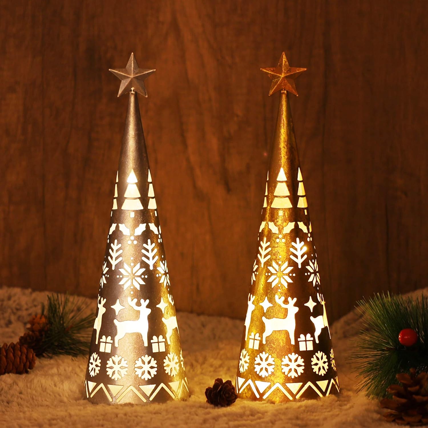 Gold and silver Christmas lanterns with reindeer and snowflake cutouts