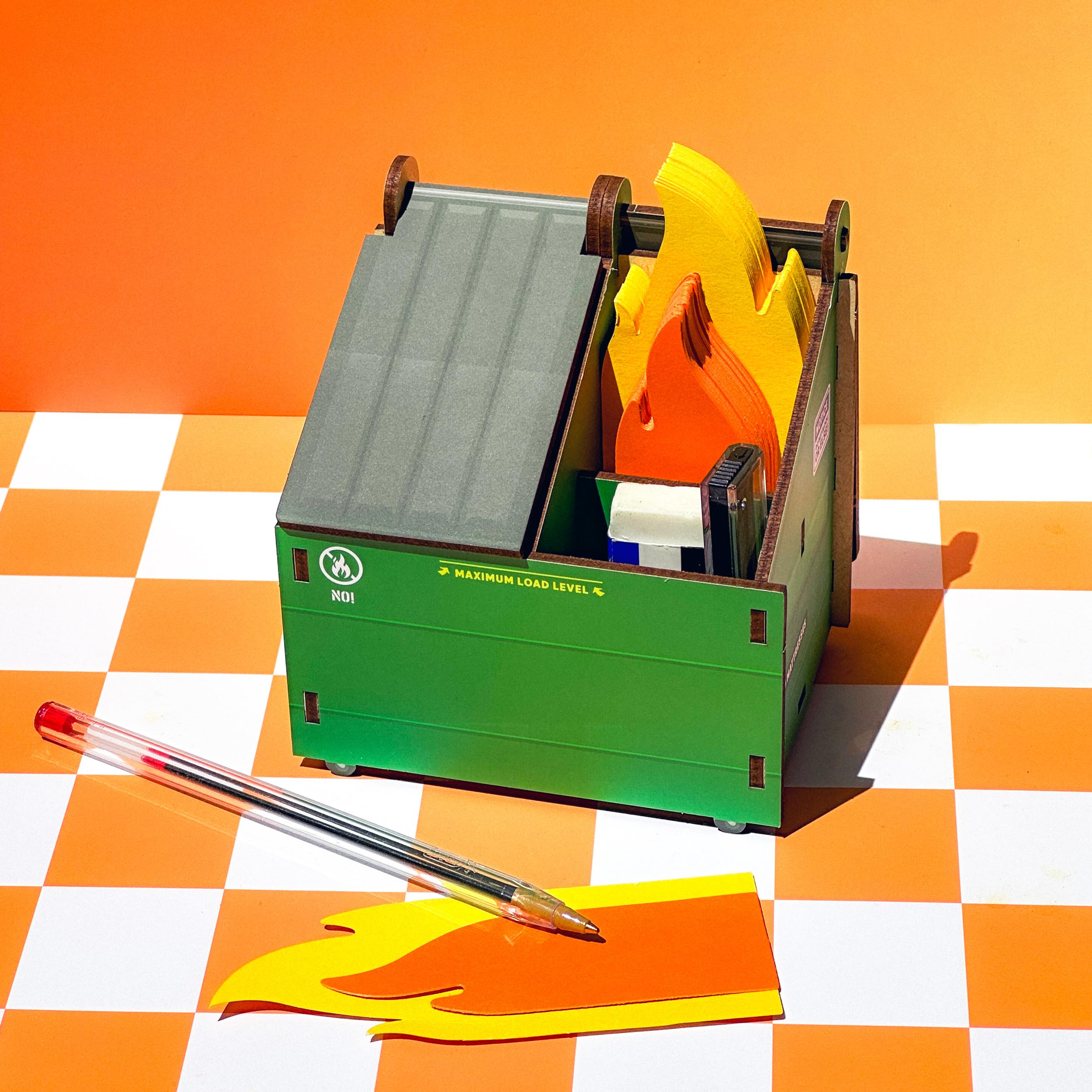 Genuine Fred desk dumpster fire pencil holder organizer with flame note cards