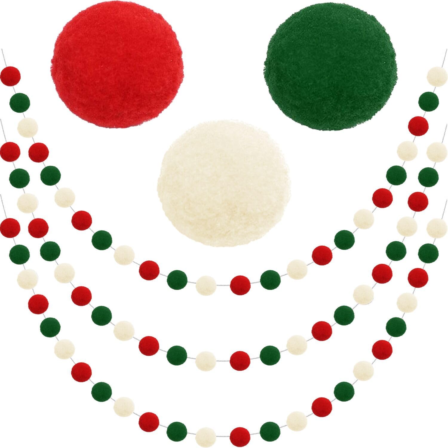 Red green beige felt pom-pom Christmas garland