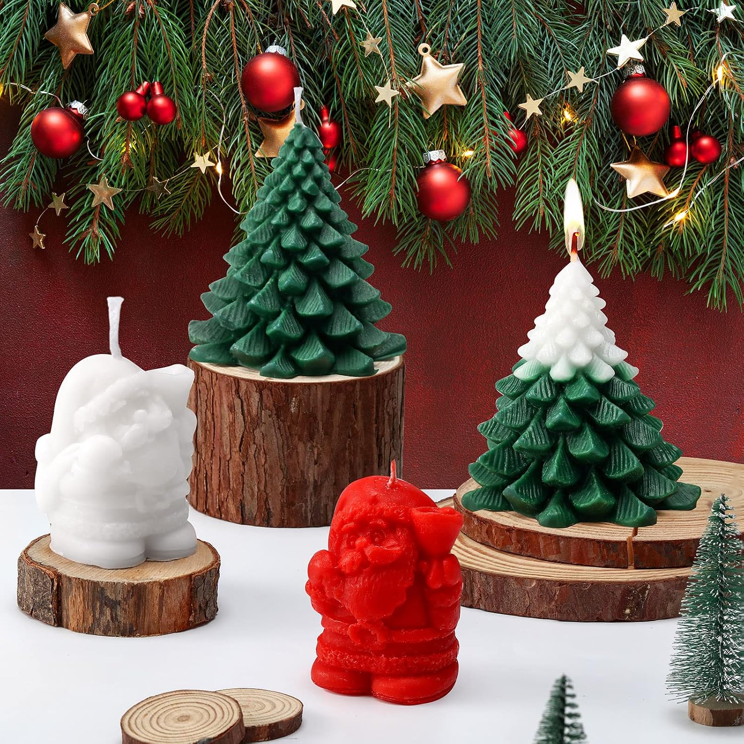 3D Santa and Christmas tree shaped candles holiday decor set
