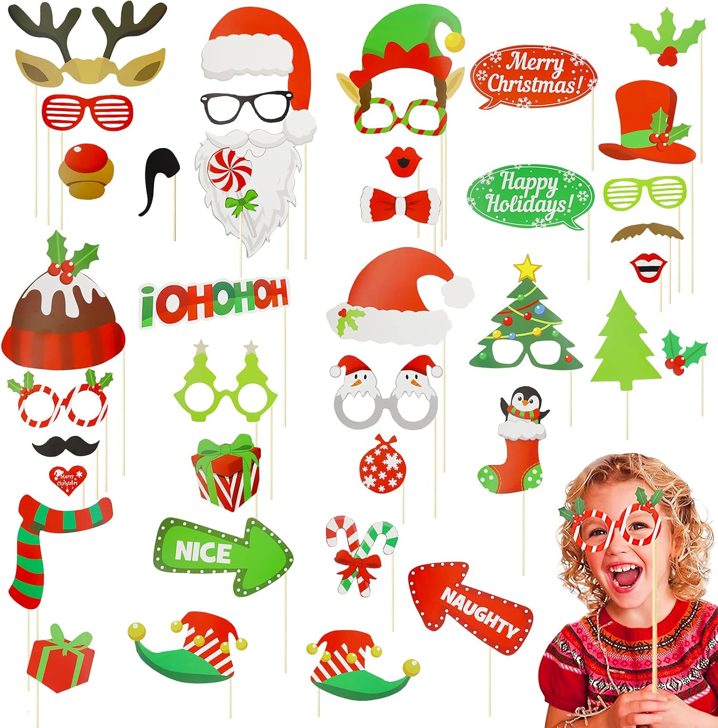 Bulk Christmas photo booth props set with hats glasses sticks
