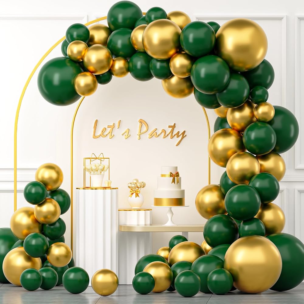 Double stuffed emerald green gold balloon garland arch kit