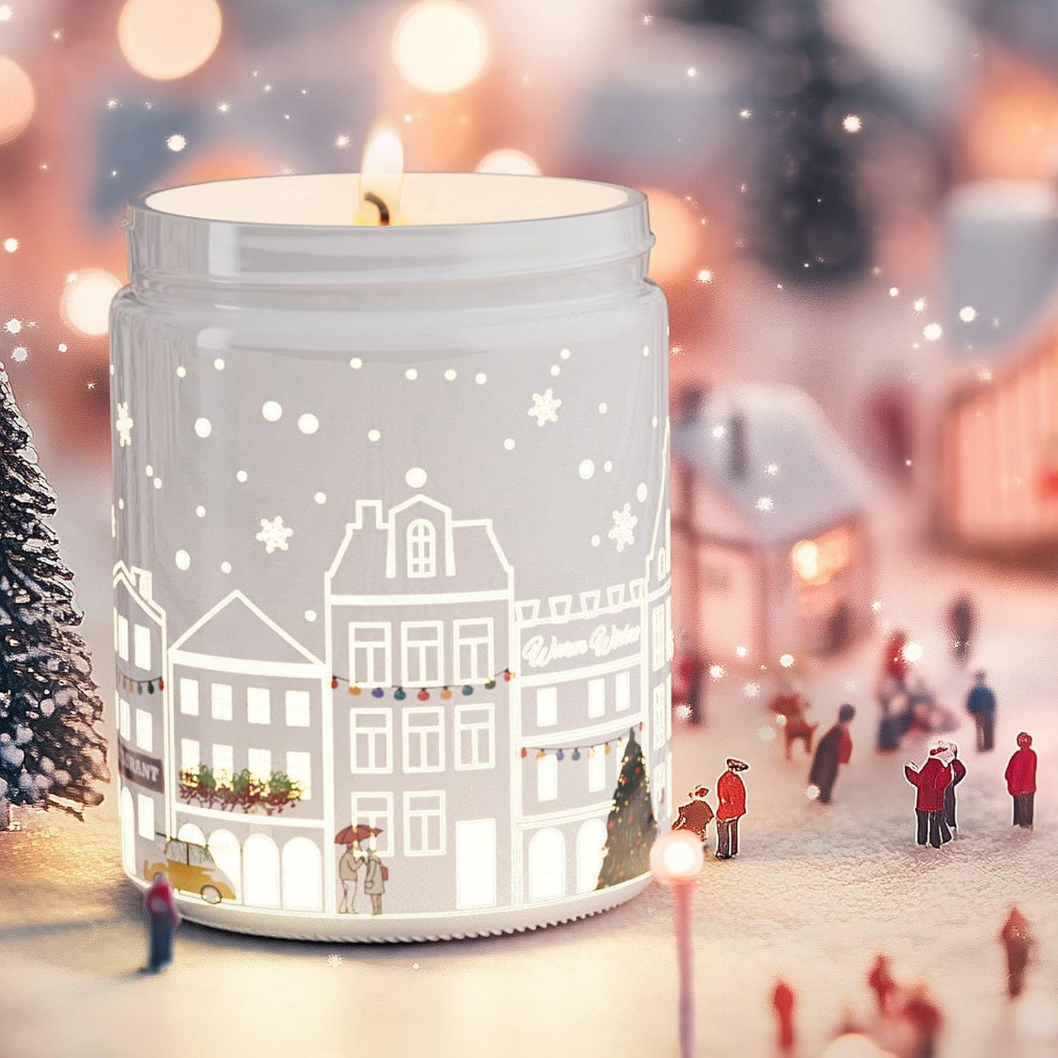 LED Christmas candle with winter town design pinewood scent