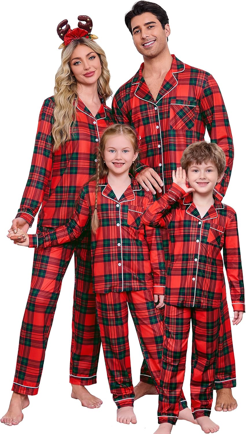 PajamaGram red and green plaid family Christmas pajamas