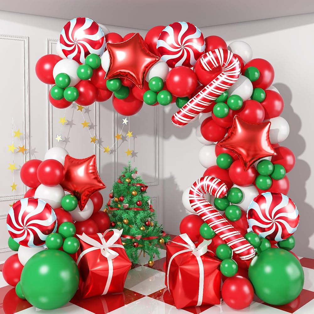 Red green gold Christmas balloon garland arch kit for holiday party