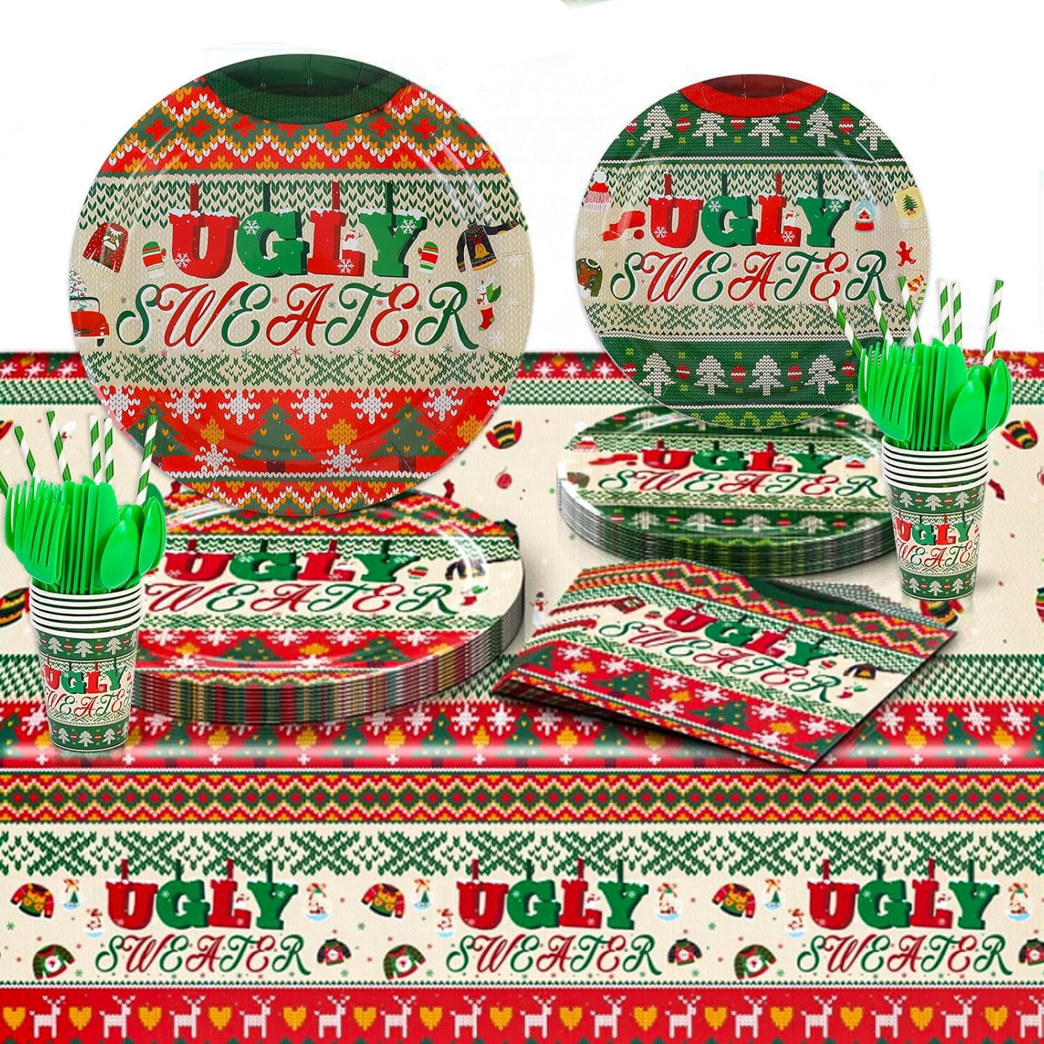 Ugly sweater Christmas party tableware kit with plates banner balloons