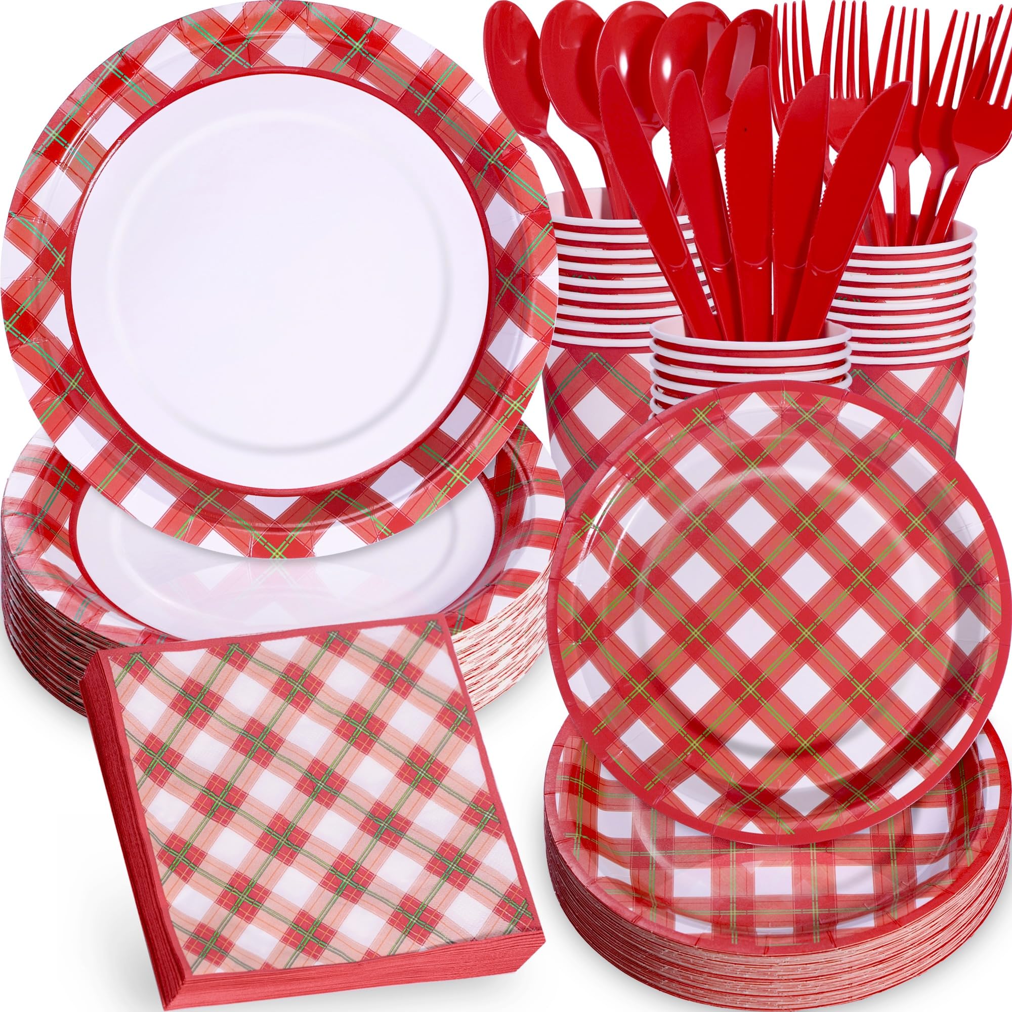 168 piece gingham Christmas tableware set plates napkins cups snowman tree