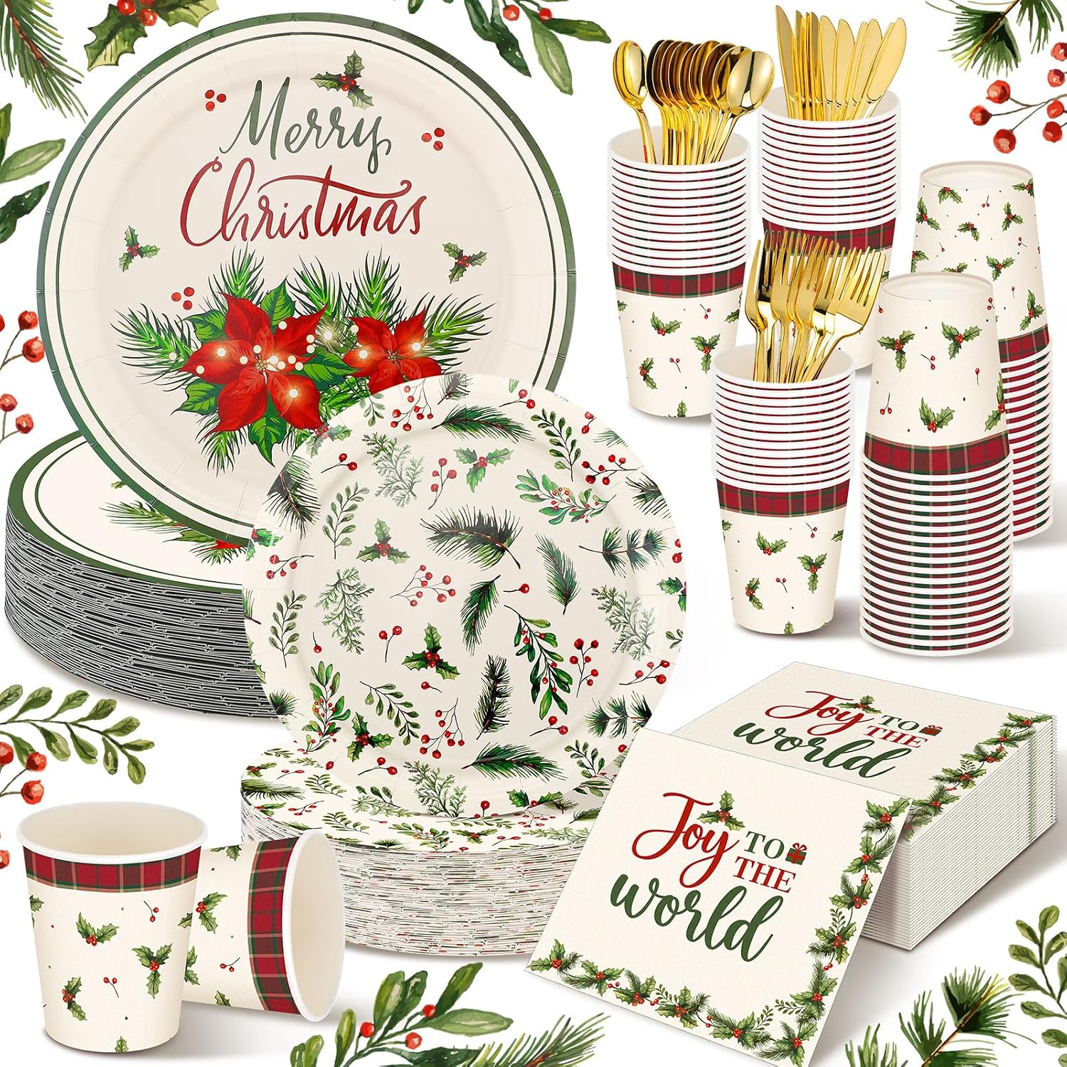 Slynxr 125 piece Christmas paper plates napkins cups tableware set