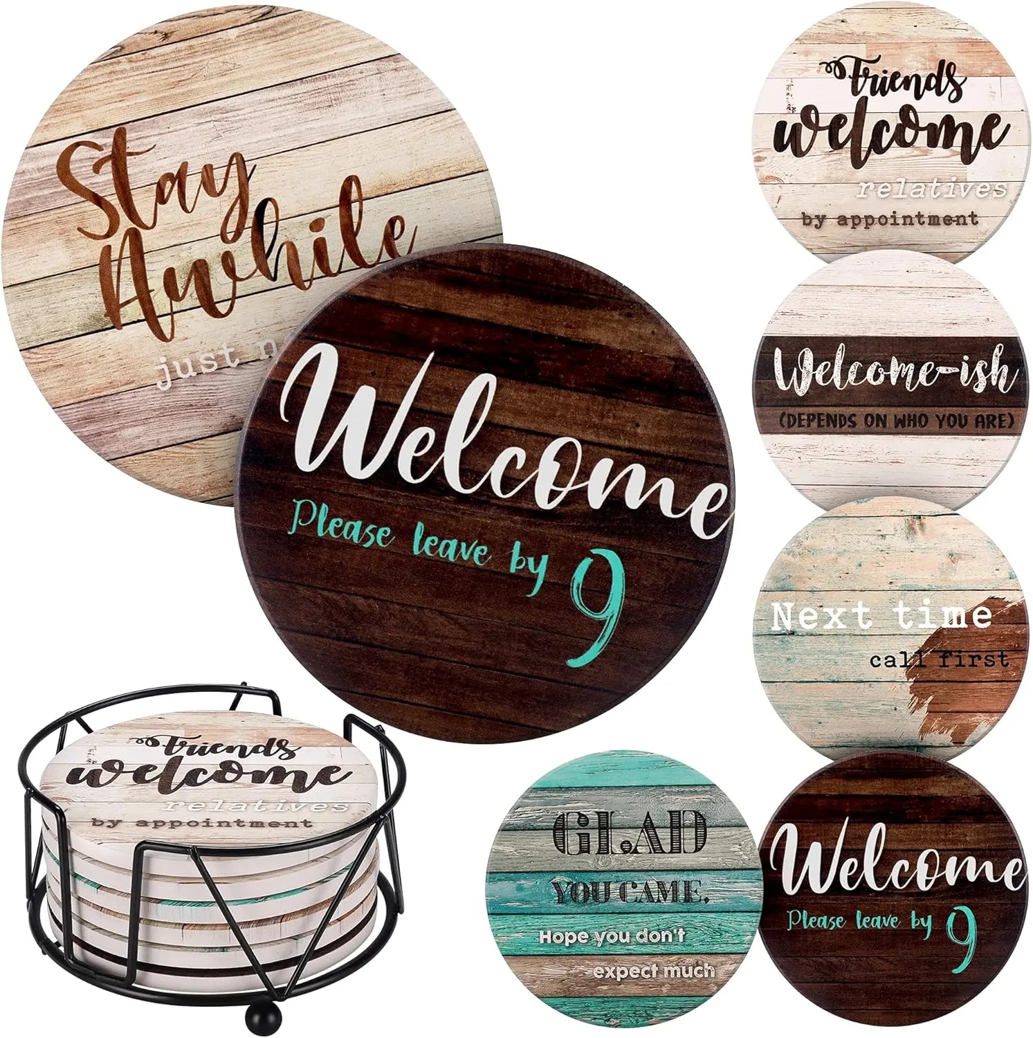 Set of funny printed coffee table coasters